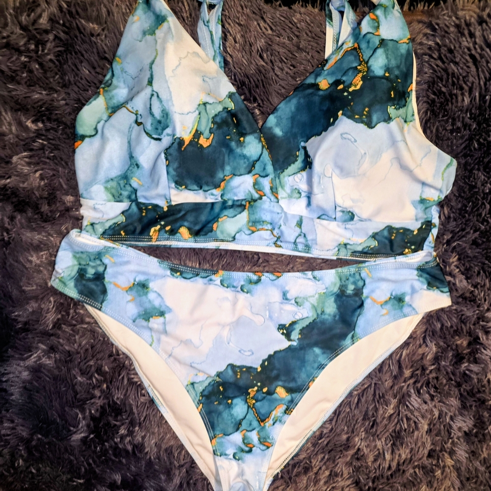 SHEIN Blue and Green Marble Bikini